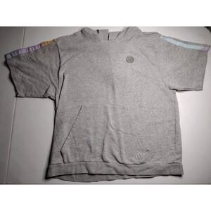 Adidas Short Sleeve Hoodie Gray Kangaroo Pocket Striped Sleeve Logo Sz L